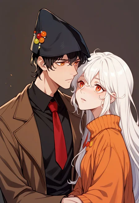 score_9, score_8_up, score_7_up, score_6_up, score_5_up, couple, man with brown suit, red tie, black shirt, black hat with ornaments, bangs, black hair, orange eyes, she with brown sweatshirt, black shirt, long white hair, red eyes
