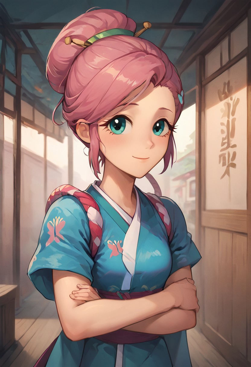 SFW, rating_all, score_10, score_8_up, score_7_up, Equestria girls, (((human))), 1female, (((solo))), (((headshot))), (((Fluttershy) cosplaying) as Ayame), short hair, bangs, (pink hair), hair ornament, short sleeves, sidelocks, japanese clothes, kimono, hair bun, (aqua eyes), single hair bun, hair stick, short kimono, sly expression, proud smile, ((lifting arm)), ((holding aqua-colored gem the size of a hand)), detailed, vector, flat colors
