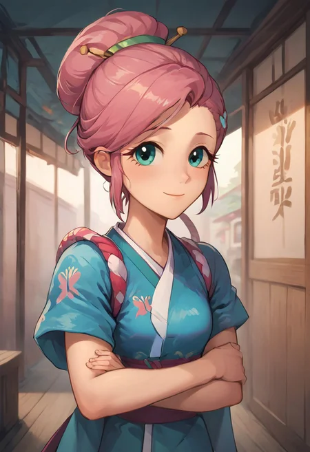 SFW, rating_all, score_10, score_8_up, score_7_up, Equestria girls, (((human))), 1female, (((solo))), (((headshot))), (((Fluttershy) cosplaying) as Ayame), short hair, bangs, (pink hair), hair ornament, short sleeves, sidelocks, japanese clothes, kimono, hair bun, (aqua eyes), single hair bun, hair stick, short kimono, sly expression, proud smile, ((lifting arm)), ((holding aqua-colored gem the size of a hand)), detailed, vector, flat colors