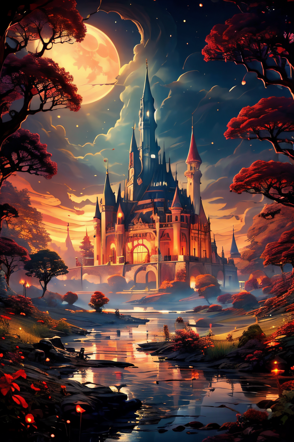 (Realistic:1.5), A glittering, mystical palace surrounded by a vast, shimmering lake., monster, red theme, standing, edobhorrorlandscape, red eyes, fireflies, solo, cloudy sky, blood, dark, no humans, red moon, night, tree stump, night, signature, garden, watermark, sunbeam, sunbeam, <lora:EdobHorrorLandscape_v1.0:0.6>  <lora:EdobFairyTaleLandscape_v1.0:0.6>