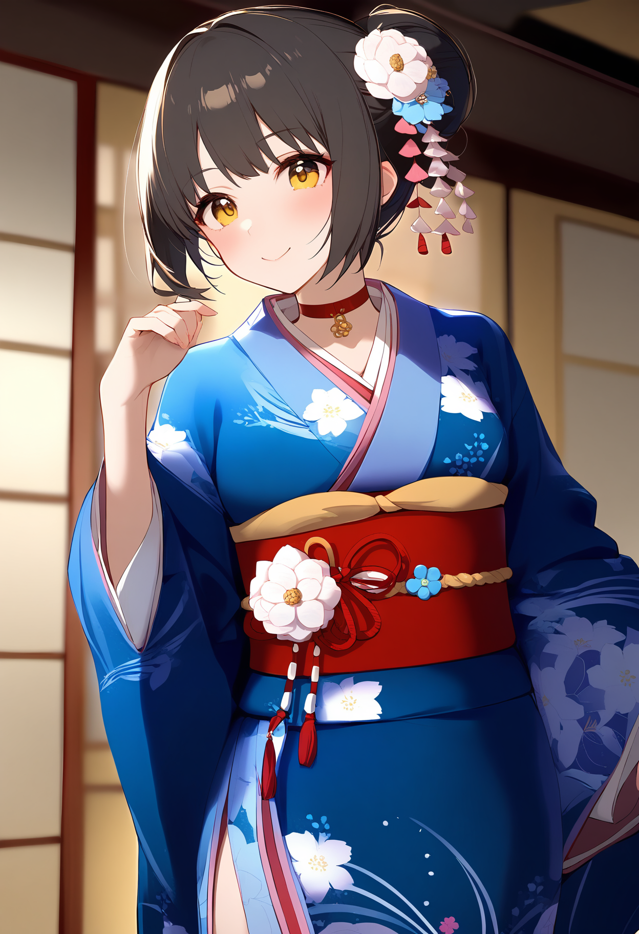 1girl,
takafuji kako,


japanese clothes, obi, choker, hair bun, hair flower, long sleeves, hair ornament, virtual youtuber, hand up, closed mouth, cowboy shot, floral print, ribbon, alternate hairstyle, red ribbon, medium breasts, white flower, solo, flower, blue kimono, print kimono, short hair, black hair, alternate costume, kimono, breasts, sash, red choker, yellow eyes, smile, wide sleeves, single hair bun, blush,

sfw
<lora:a31_char_new_takafuji_kako:1> <lora:a31_style_koni-000010:0.8>