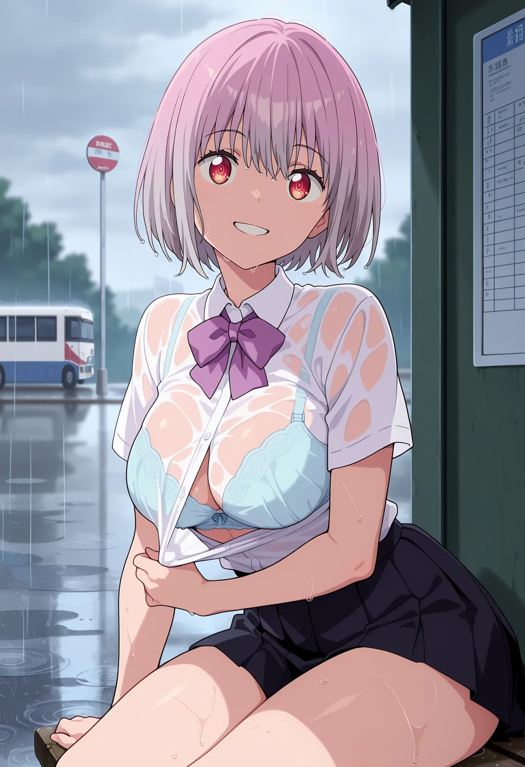 anime screencap, masterpiece, best quality,
<lora:SSSSGridman_ShinjouAkane_IlluXL:0.9>,
1girl, solo, grin, teeth, smile,
short hair, gradient hair, pink hair, red eyes,
white shirt, purple bowtie, large breasts, short sleeves, miniskirt, pleated skirt, black skirt, thighs,
wet clothes, wet hair, shirt tug, light blue bra, medium breasts, 
sitting, overcast, raining, puddle, looking at viewer,
bus stop, blurry background