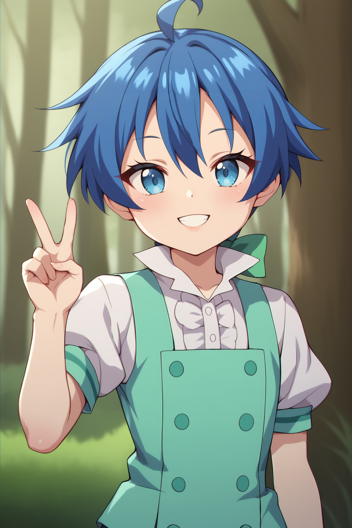 score_9, score_8_up, score_7_up, score_6_up, BREAK, LLoydSaloumTSDNODPXL, blue eyes, blue hair, short hair, hair between eyes, ahoge, hair bow, green bow, ponytail, flat chest, white shirt, green vest, short sleeves, green shorts, short shorts, solo, front view, (portrait, upper body), peace sign, solo focus, seductive smile, looking at viewer, forest, tree    <lora:LLoydSaloumTSDNODPXL:0.8>