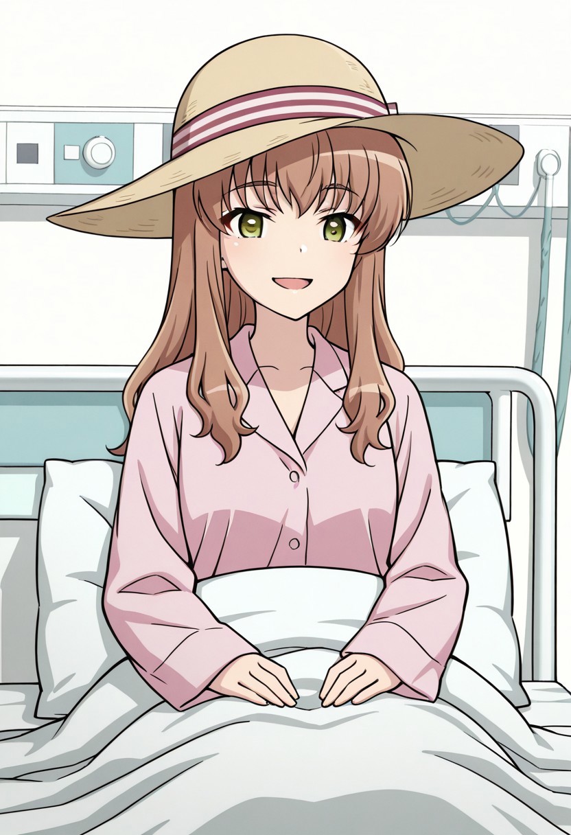 masterpiece, best quality, 32k, high resolution, absurdres, miyata yuuki, sitting, pink shirt, :d, closed mouth, hospital bed, under covers, sun hat, pillow