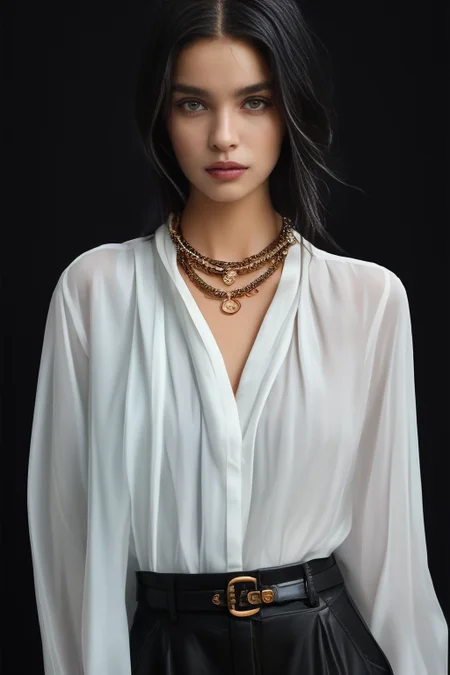 masterpiece,best quality,ultra_detailed,<lora:ArmaniSD:0.7><lora:BellissimaSD1.0:0.7> bellissima , dark background, 1girl wearing a white collared shirt, collared shirt, black pants, bla, chain necklace,  Armani style, realistic, fashion, cowboy shot,by Ellen von Unwerth