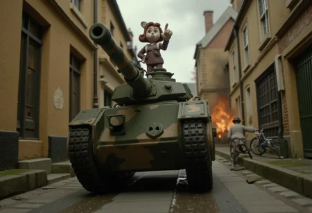 A claymation animation of Jinx standing on top of a massive Leman Russ battle tank as it speeds through a narrow street. Jinx has a manic expression on her face. She is pointing ahead with her finger just above the viewer's eyes.  the battle tank is speeding straight towards the viewer.  Ruin and destruction can be seen in the narrow street in the wake of the battle tank