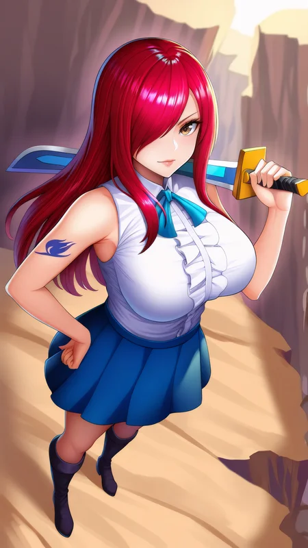 masterpiece, best quality, very aesthetic, absurdres, BREAK, 1girl, looking at viewer, wide angle,
<lora:ErzaDef_Illu_Dwnsty:0.8>, brown eyes, red hair, long hair, hair over one eye, white shirt, sleeveless shirt, center frills, arm tattoo, blue skirt, pleated skirt, black footwear, knee boots,
large breasts, lips, light smile, serious, holding weapon, sword, sword over shoulder, arm up, hand on own hip,
cliff, sunlight,