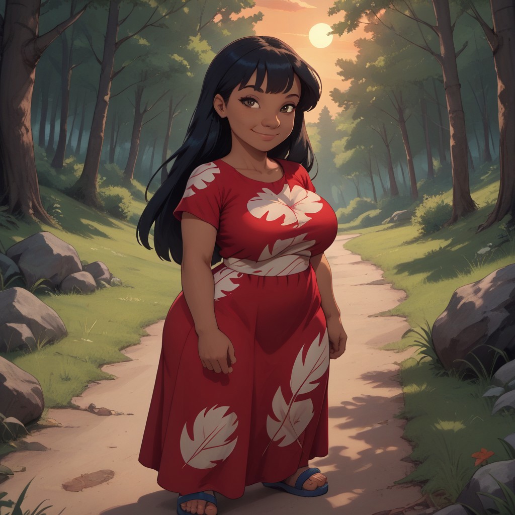 score_9, score_8, BREAK, solo, Lilo, dark skin, dark skin female, brown eyes, black hair, long hair, bangs, red dress, short sleeves, blue sandals, tall, adult female, mature female, big breasts, sexy pose, self portrait, smile, looking at viewer, outdoors, sunlight, shadows, evening lighting, natural lighting, forest, trees, grass, orange sky, sunset, shortstack, thick thighs, wide hips, curvy, large breasts, saggy breasts,
