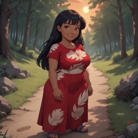 score_9, score_8, BREAK, solo, Lilo, dark skin, dark skin female, brown eyes, black hair, long hair, bangs, red dress, short sleeves, blue sandals, tall, adult female, mature female, big breasts, sexy pose, self portrait, smile, looking at viewer, outdoors, sunlight, shadows, evening lighting, natural lighting, forest, trees, grass, orange sky, sunset, shortstack, thick thighs, wide hips, curvy, large breasts, saggy breasts,