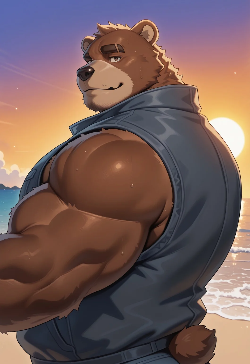 furry, solo,bear , muscular male,
, close up, reaching, upper body, sunset, (sleeveless jacket), looking at viewer, close up, beach, side view, bara,
2024, 2023, 2022, Dsharp, masterpiece,best quality,amazing quality,