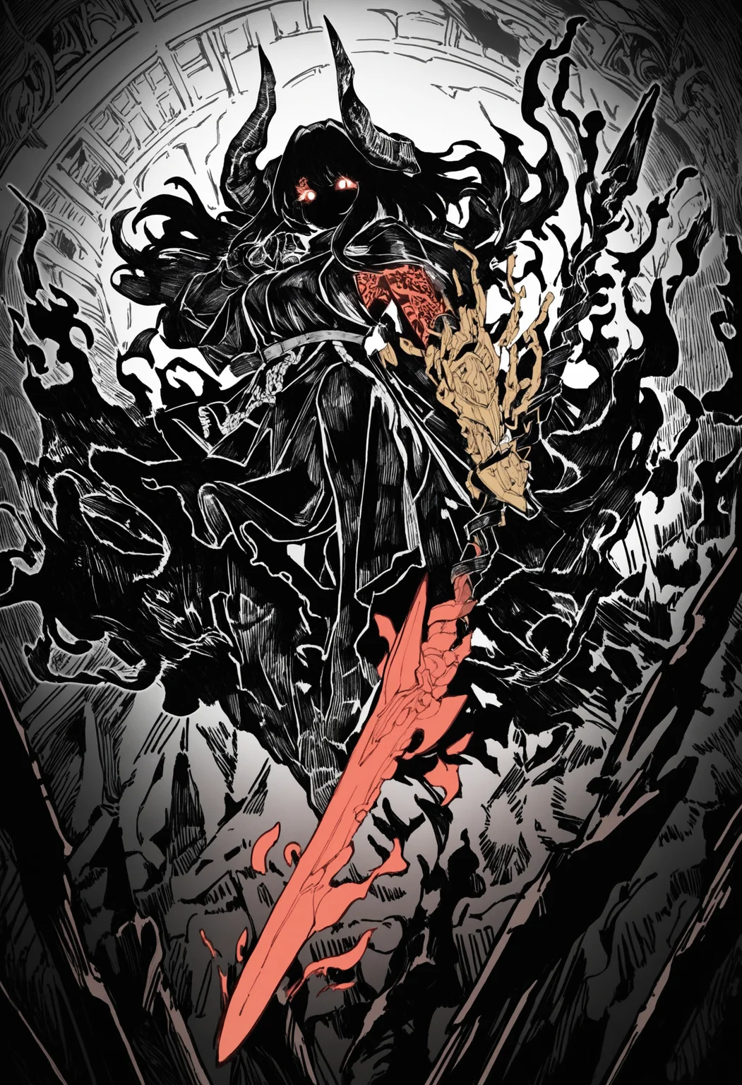hatching\(texture\),monochrome, 1girl, long hair,horns,weapon,tattered robe,glowing eyes,dark fantasy,holding spear,floating, intricate tattoos,ethereal aura,red and black color scheme,armored gauntlets,golden ornaments, looking at viewer,battle stance,supernatural energy,shadowy background,gothic architecture,dramatic lighting, detailed background, depth of field,dynamic pose,dynamic composition,dutch angle,foreshortening,blurry edges, BREAK,highres,absurdres,masterpiece,newest,best quality,Visual impact,very awa,very aesthetic,amazing quality