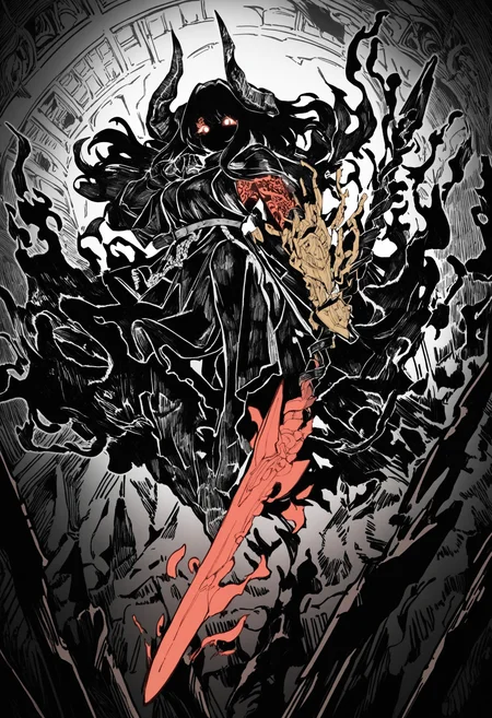 hatching\(texture\),monochrome, 1girl, long hair,horns,weapon,tattered robe,glowing eyes,dark fantasy,holding spear,floating, intricate tattoos,ethereal aura,red and black color scheme,armored gauntlets,golden ornaments, looking at viewer,battle stance,supernatural energy,shadowy background,gothic architecture,dramatic lighting, detailed background, depth of field,dynamic pose,dynamic composition,dutch angle,foreshortening,blurry edges, BREAK,highres,absurdres,masterpiece,newest,best quality,Visual impact,very awa,very aesthetic,amazing quality