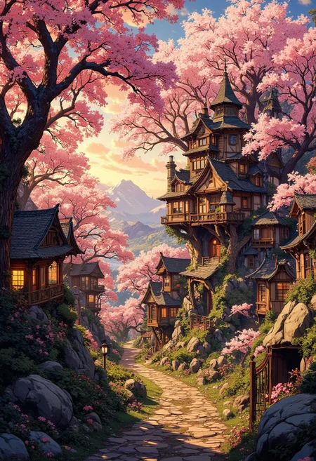 valley, fairytale treehouse village covered, highly detailed, dynamic lighting, cinematic, realism, realistic, photo real, sunset, detailed, high contrast, denoised, centered, michael whelan, cherryblossoms, huge Sakura trees