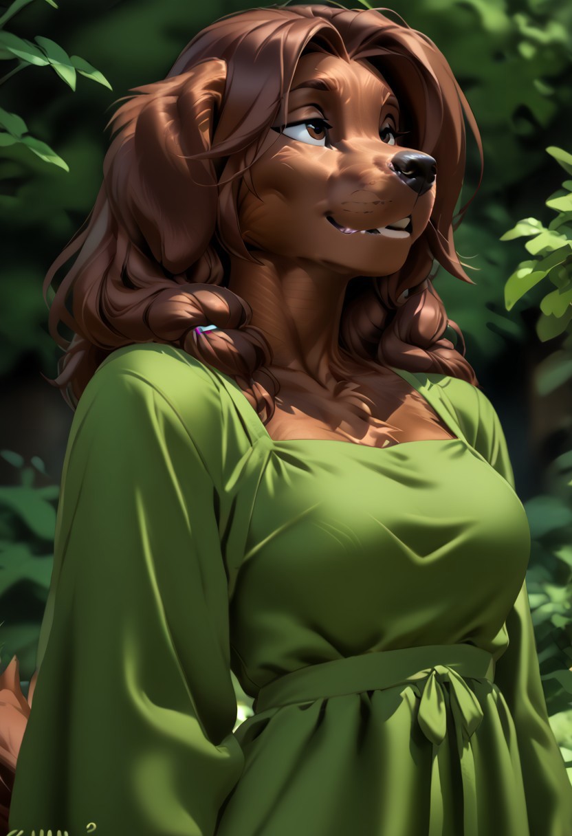 score_9, score_8_up, score_7_up, (by zummeng:1.5), (by jailbird:1.5), (by kittydee:1.5), masterpiece, best quality, (solo),  
(Furry Art : Anthro: Irish setter:1.5), 1girl, expressive eyes, feminine eyes, perfect face, feminine face, (brown hair:1.5), (pigtail hair:1.5), feminine body, medium breasts, setter dog, dog, canine, floppy dog ears, medium long fur, brown fur, (spring dress:1.5), (brown eyes),