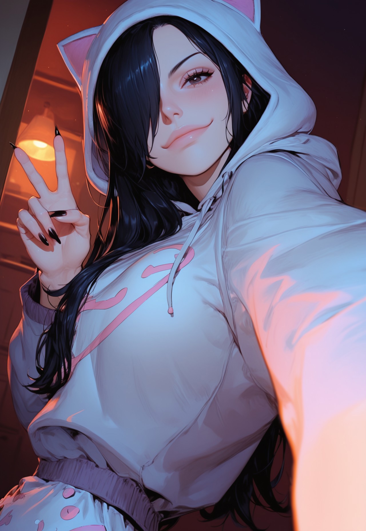 safe_pos, safe_pos, (score_9, score_8_up, score_7_up), 1girl, 19 years old, black hair, fit, slim, perky breasts, straight hair, hime hair over one eye, long hair, sexy look, ,living room, sexy pose, night, solo, smug smile,arched back, thighs, wearing a cat onesie, solo, cat print, animal costume, bottomless, hoodie, closed mouth, night, dark room, rounded breast, hood on, one piece clothes, cute prints on clothes, pale skin, dynamic angle, nails polish, standing, seductive, peace sign, selfie view, from below, cute filter on face 