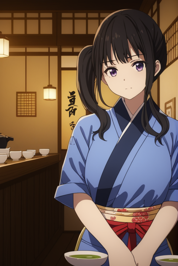 masterpiece, best quality, highres, 4k, 8k, intricate detail, cinematic lighting, amazing quality, amazing shading, soft lighting, Detailed Illustration, anime style,
takinainoue, <lora:takina-inoue-s1-sdxl-lora-nochekaiser:0.75>,
inoue takina, long hair, bangs, black hair, twintails, purple eyes,
japanese clothes, kimono, apron, waist apron, blue kimono, waitress,
indoors, restaurant, tea house, tea, green tea, 
looking at viewer, cowboy shot,