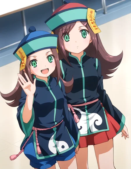 <lora:MintYanAn_pony_1-000040:0.9> 2girls, duo, side by side, looking at viewer,
yanyan, blue hat, chinese clothes, ofuda, shorts, hand up, smile, open mouth,
anan, red hat, hairclip, chinese clothes, ofuda, skirt, expressionless,
