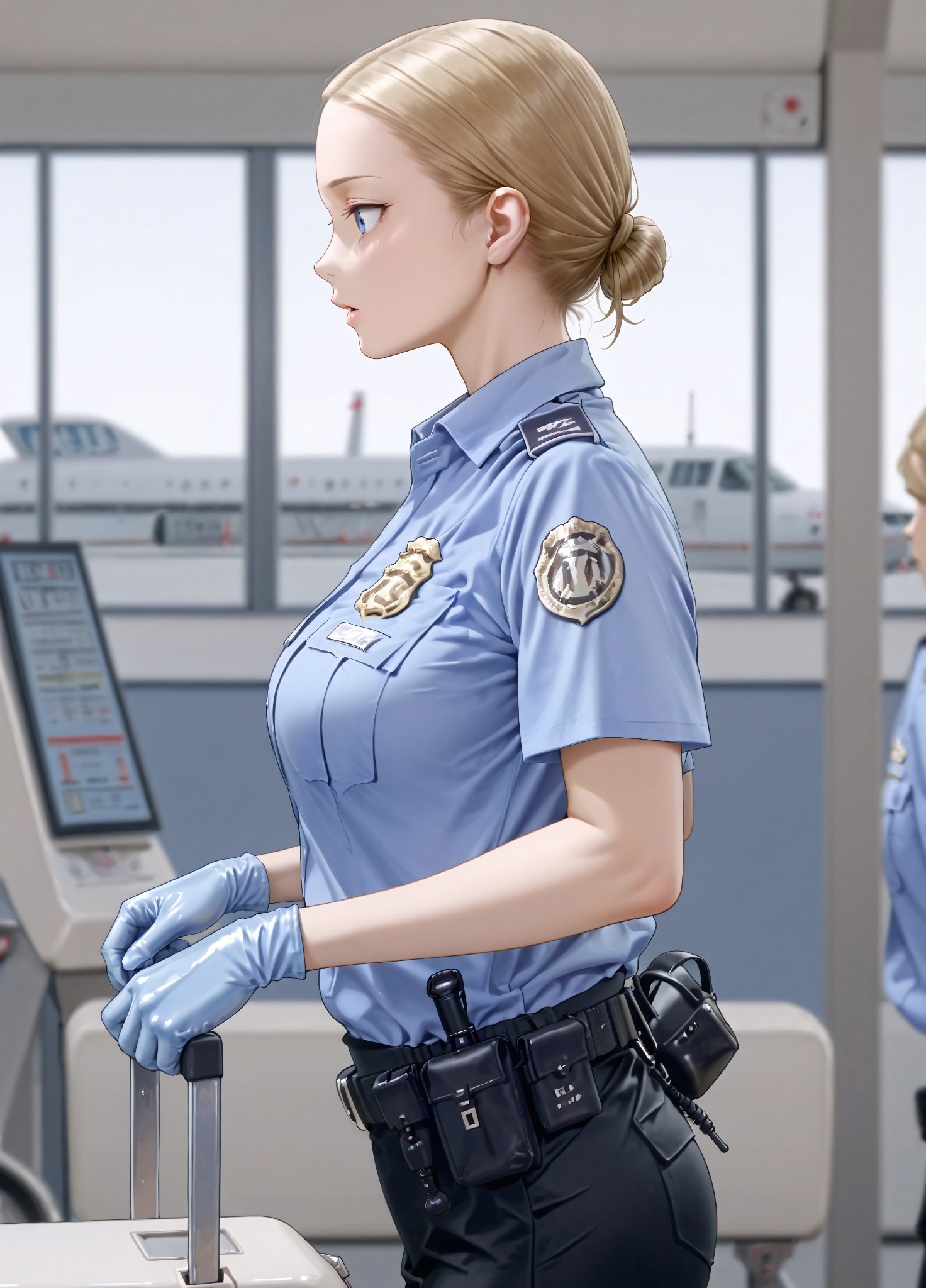 masterpiece, best quality, amazing quality, absurdres, 

0c_tsa,1girl, solo, blonde hair, single hair bun, low hair bun, blue eyes, parted lips, medium breasts,

 police uniform, policewoman, blue shirt, collared shirt, epaulette, badge, name tag, blue gloves, rubber gloves, black pants, belt, pouch,

 , checking, open luggage, airport, security check, blurry background, from side, profile, 