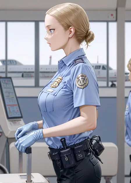 masterpiece, best quality, amazing quality, absurdres,
0c_tsa,1girl, solo, blonde hair, single hair bun, low hair bun, blue eyes, parted lips, medium breasts,
police uniform, policewoman, blue shirt, collared shirt, epaulette, badge, name tag, blue gloves, rubber gloves, black pants, belt, pouch,
, checking, open luggage, airport, security check, blurry background, from side, profile,