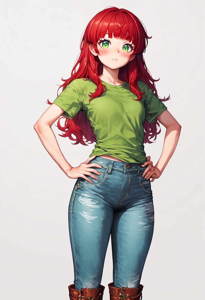 rinotuna, score_9, score_8_up, score_7_up, score_6_up, score_5_up, rating_questionable, source cartoon 1girl, pretty face, pretty eyes, detailed eyes, HD eyes, thick thighs hands on hips, standing, cowboy shot looking at viewer, blush, eyebrows, long hair, red hair, green eyes jeans, green t-shirt, boots, high waisted jeans simple background, white background