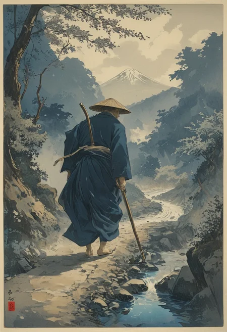 Japanese woodblock print, ukiyo-e style, by Katsushika Hokusai – A lone Buddhist monk traverses a narrow mountain path, his straw hat tilted downward as he leans on a wooden staff. His flowing robe, rendered in deep indigo and soft gray tones, billows slightly in the wind, its folds captured with delicate, fluid brushstrokes. Below, a river winds through a valley, its surface broken by scattered stones and swirling currents. In the distance, Mount Fuji rises, its peak shrouded in mist, framed by a sky streaked with curling clouds. The composition balances movement and stillness, with the monk’s quiet journey set against the vastness of the landscape, evoking a sense of solitude and spiritual resolve. Niji, aidma-niji