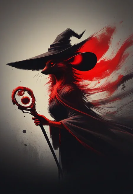 score_9, score_8_up, score_8, solo, (fluffy:0.8), (feral), (furry:0.5) (((mouse))), female, claws, (fluffy cheeks:0.7), (black dress), grey fur, black ears, red eyes, (solo), night, dark, (witch hat, holding magical staff), monochromemuse, monochrome, greyscale, mad-wsps, j_cartoon, look at viewer, side view, (art nouveau), upper body focus, (silhouette), glitch style, (red:3)