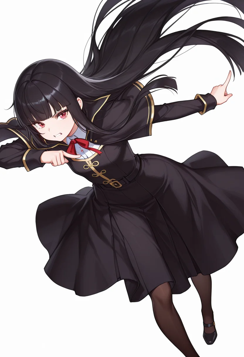 Smooth Quality,masterpiece,very intricate, high quality details, ultra realistic, high detailed skin,detailed enviorement,absurdres,
pointing at another,
<lora:Atre_CNR:0.8> atre_cnr, 1girl, black hair, very long hair,blunt bangs, red eyes,black dress,black capelet, pantyhose, long sleeves, ribbon, shoes,, simple background, white background, dynamic angle,solo,, clenched teeth,