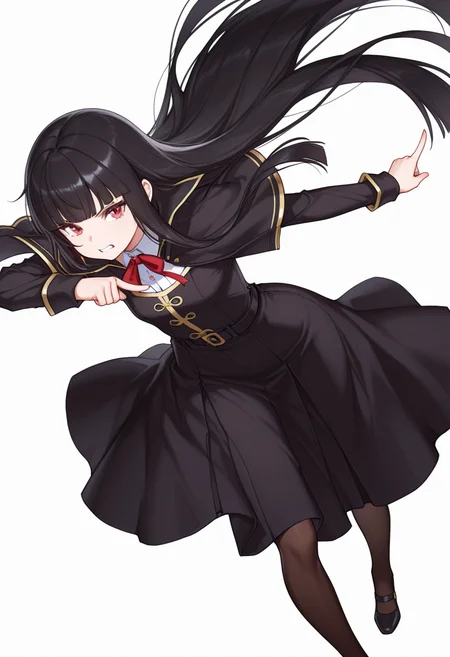Smooth Quality,masterpiece,very intricate, high quality details, ultra realistic, high detailed skin,detailed enviorement,absurdres,
pointing at another,
<lora:Atre_CNR:0.8> atre_cnr, 1girl, black hair, very long hair,blunt bangs, red eyes,black dress,black capelet, pantyhose, long sleeves, ribbon, shoes,, simple background, white background, dynamic angle,solo,, clenched teeth,