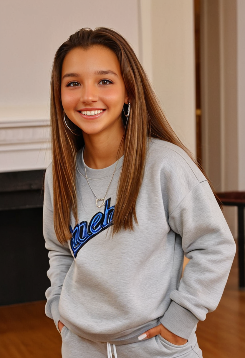 best quality, masterpiece, absurdres, newest, solo,
<lora:CL_Model_SDXL:0.9> 1 woman, cl_m0d3l, long hair, straight hair, eyelashes, lips, brown eyes, brown hair, jewelry, earrings, necklace, smile, teeth, looking at viewer,
sweatshirt, sweatpants,
indoors,