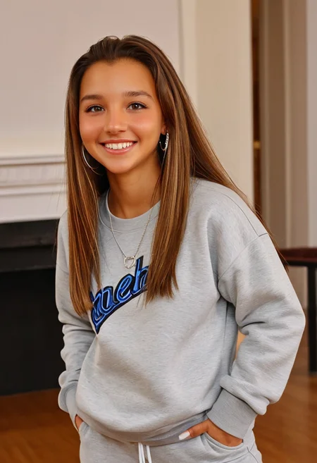 best quality, masterpiece, absurdres, newest, solo,
<lora:CL_Model_SDXL:0.9> 1 woman, cl_m0d3l, long hair, straight hair, eyelashes, lips, brown eyes, brown hair, jewelry, earrings, necklace, smile, teeth, looking at viewer,
sweatshirt, sweatpants,
indoors,
