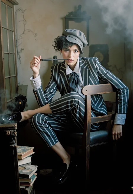 A decadent artistic movement-inspired portrait of a striking androgynous womans figure lounging in a weathered, smoke-filled atelier, embodying a mix of depraved and refined elegance. The woman wears a sharply tailored, striped suit with an exaggerated bow tie, their posture unhinged yet deliberate, exuding confidence and excess. In her hands she holds a long and elegant smoking pipe, and trickles of smoke lazily waft in the dim light, adding to the atmosphere of debauchery. The background reveals cracked plaster walls, a stack of worn, leather-bound books, and faintly visible antique furniture, enhancing the sense of artistic decay. The muted color palette of greys and sepias is accented by the shimmer of polished leather shoes and subtle metallic details, emphasizing the atmosphere of opulent decline. <lora:FLUX.1-DEV_-_Decadence_style_LoRA:1>, hyp3rd3tail style <lora:hyper-detail-illustration:0.5>