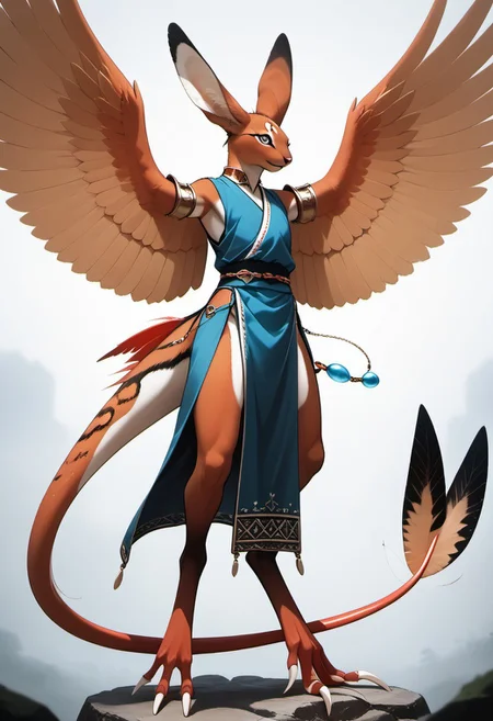 1person, Palagiri, anthro, feline features, feline nose, large ears, ((wings)), ((armless)), perfect wings,
3/4 view, perfect face, ((prehensile toes, long toes)), ((feathers-tipped tail, fanned tail-tip, tapering-tip tail)),
digitigrade legs, pelvic curtain tunic,
Source: anime, score: 9, score: 8up,