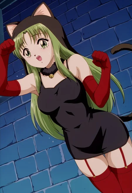 Retro art style, 90's art style, excellent picture quality, highly detailed image, bottom view, 1 girl, cute face, green eyes, detailed pupils, long hair, green hair, animal ears, cat ears, black dress, pencil dress, short dress, hooded dress, off the shoulder dress, long stockings, red stockings, mid-thigh stockings, red gloves, elbow-high gloves, tail, cat tail, <lora:paw-pose-ponyxl-lora-nochekaiser:1>, paw pose, cat ears, cat tail, animal ears, tail, cat girl, open mouth, background, brick wall, wet, cold