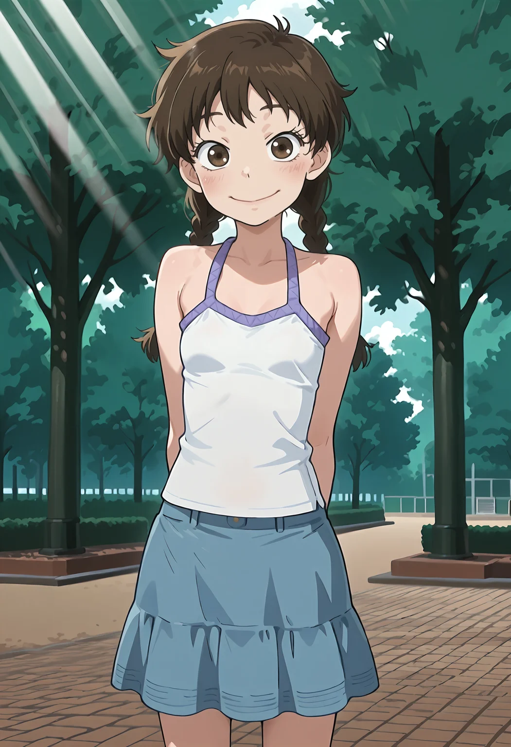 best quality, amazing quality, perfect quality, high quality, masterpiece, absolutely eye-catching BREAK
<lora:Ookiku_Furikabutte_-_Ruri_Mihashi:1> OofuriRuri, brown eyes, brown hair, long hair, twin braids, wispy bangs, skinny, small breasts BREAK
white camisole, blue skirt BREAK
1girl, solo, outdoors, park, trees, sunbeam, hands behind back, standing, smile, looking at viewer, cowboy shot, dutch angle