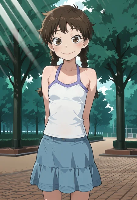 best quality, amazing quality, perfect quality, high quality, masterpiece, absolutely eye-catching BREAK
<lora:Ookiku_Furikabutte_-_Ruri_Mihashi:1> OofuriRuri, brown eyes, brown hair, long hair, twin braids, wispy bangs, skinny, small breasts BREAK
white camisole, blue skirt BREAK
1girl, solo, outdoors, park, trees, sunbeam, hands behind back, standing, smile, looking at viewer, cowboy shot, dutch angle