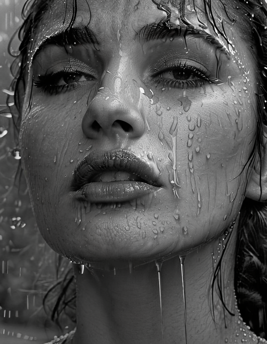 Monochrome monochrome, realistic, greyscale, 1girl, dripping, lips, portrait, rain, wet hair, nose, long hair, closed mouth, full color, epic composition, intricate, elegant, cinematic, highly detailed, sharp focus, professional still, expressive, innocent, real, fine, beautiful, illuminated, inspired, colorful, light, shining, bright
 <lora:DrippingXL:1>, , <lora:FILM_PHOTOGRAPHY_STYLE:0.25> . Black and white, contrast, tone, texture, detailed