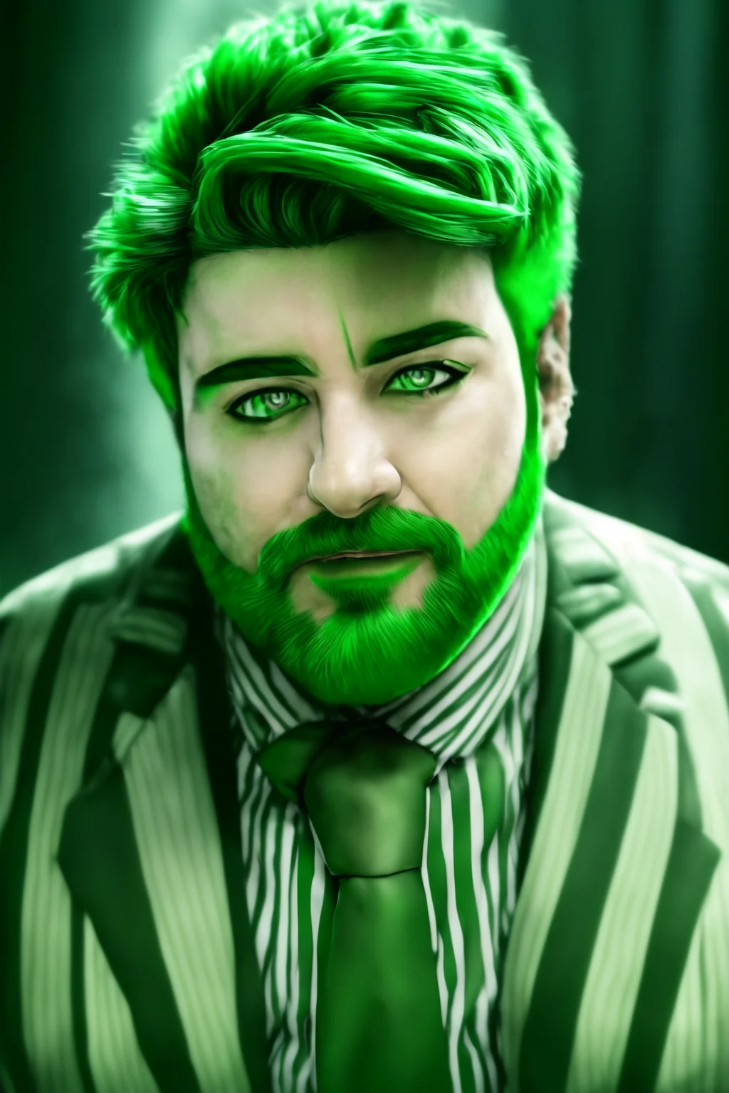 <lora:slimeTutorialFamily_beetlejuice:.9>  1boy, male focus, solo, Slime Tutorial, Alex Brightman as Beetlejuice, masculine, green hair,(masterpiece, best quality,ultra-detailed, highres, male focus), perfect face, side lighting, lustrous skin,(bloom), (shine), lighting, ray tracing, male focus, necktie, facial hair, 1boy, beard, formal, suit, green hair, striped,, bright green hair, mustache, manly, looking at viewer, green necktie, pants, shirt, jacket, pinstripe suit,depth_of_field, very detailed background, highly detailed background, Masterpiece, Ultra detailed, great composition, (Highest picture quality), (Master's work), depth of field, solo, extreme light and shadow, masterpiece, rich in detail, (highest quality), (masterpiece), (detailed eyes), (handsome) detailed, beautiful detailed eyes,(straight-on),(masterpiece), (best quality), (ultra-detailed), (best illustration),(best shadow),perfect lighting , perfect anatomy , vivid colors