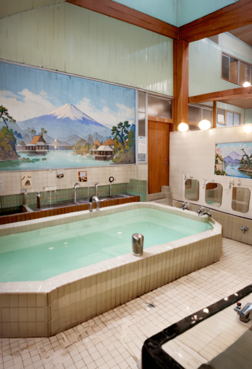 masterpiece, best quality, very aesthetic, absurdres,
sentou, bathroom, , scenery, building, water, window, bath, door, indoors, painting (object), 
 <lora:sentou_SDXL_V5:1>