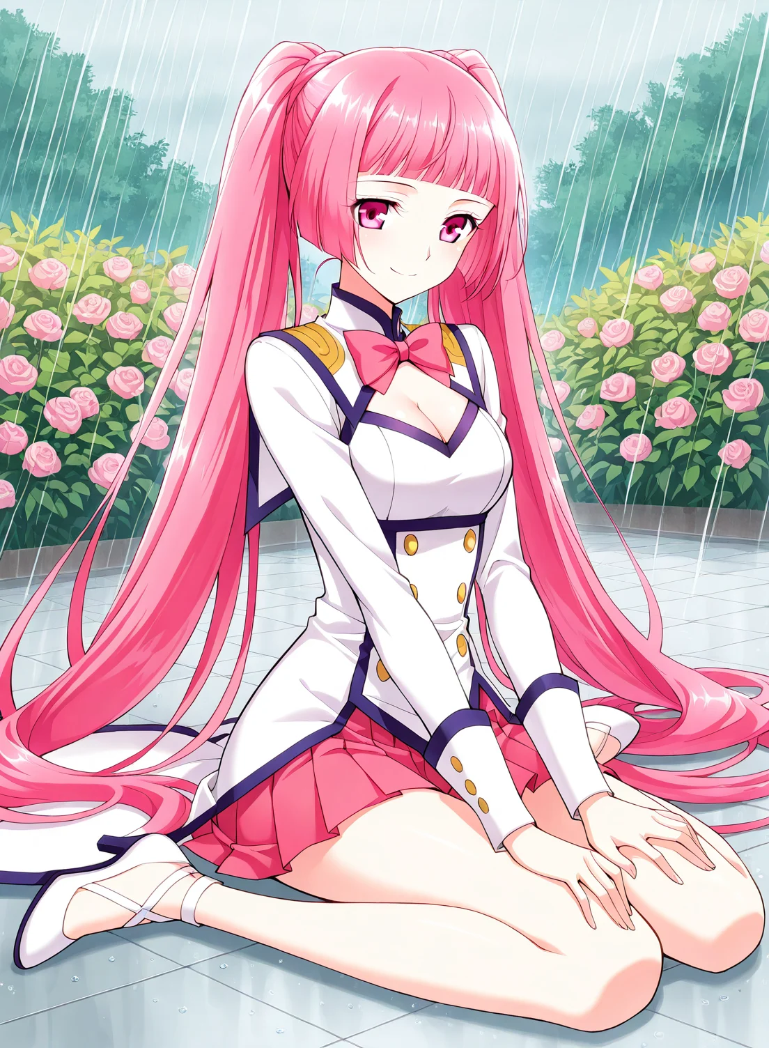 <lora:Nalan_Yanran:1>
1 girl, solo, pink hair, pink eyes, very long hair, twintails, bangs, blunt bangs, ponytail
white dress, cleavage, pink miniskirt, cleavage cutout, pink bow, pink bowtie, pleated skirt, high heels, clothing cutout, long sleeves, sailor collar
score_9, score_8_up, score_7_up, very aesthetic, source_anime, detailed, high quality, beautiful, detailed eyes, masterpiece, best quality, absurdres, perfect anatomy, 1girl, solo, wariza, sitting, hands on own knees, garden background, charming smile, rain