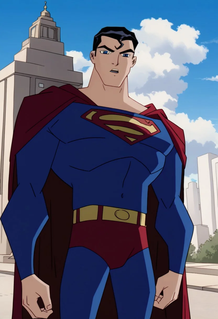 Score_9_up, score_8_up, score_7_up, best quality, highly detailed, ultra high quality, masterpiece, high res, 1boy, solo, Superman, Super Black Hair, Blue Eyes, Red Cape, Blue Body Suit, Muscular, Muscular Male, Pectorals, Superhero, ((looking at viewer)), cowboy shot, outdoors, clouds, day, blue sky background,