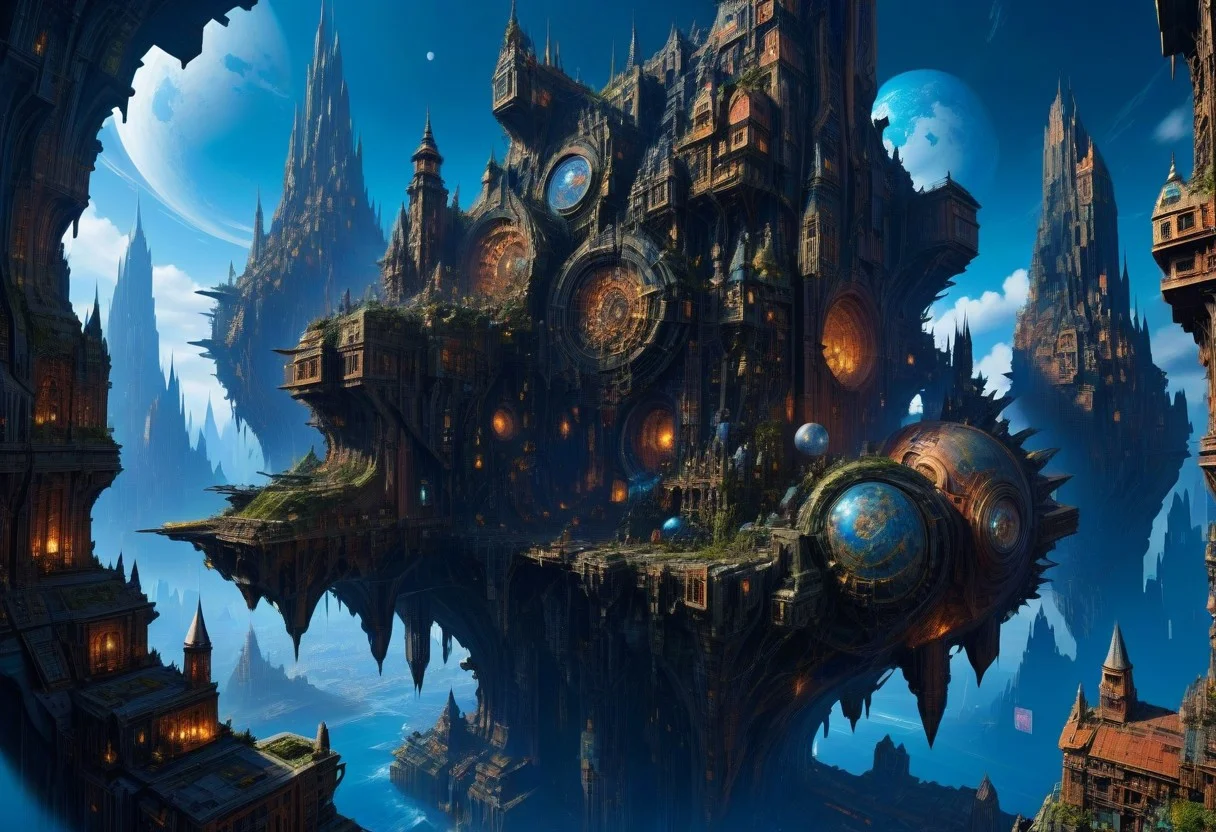 amazing view showcasing a fantastic scifi floating city on another settled world many centuries into the future, very impressive (bio-mimetic, AND neo-deconstructivist) designs, eye catching details bring the image to life, with technology so far advanced that it almost seems like magic, highly imaginative, professional fantasy concept art, midnight hour,
