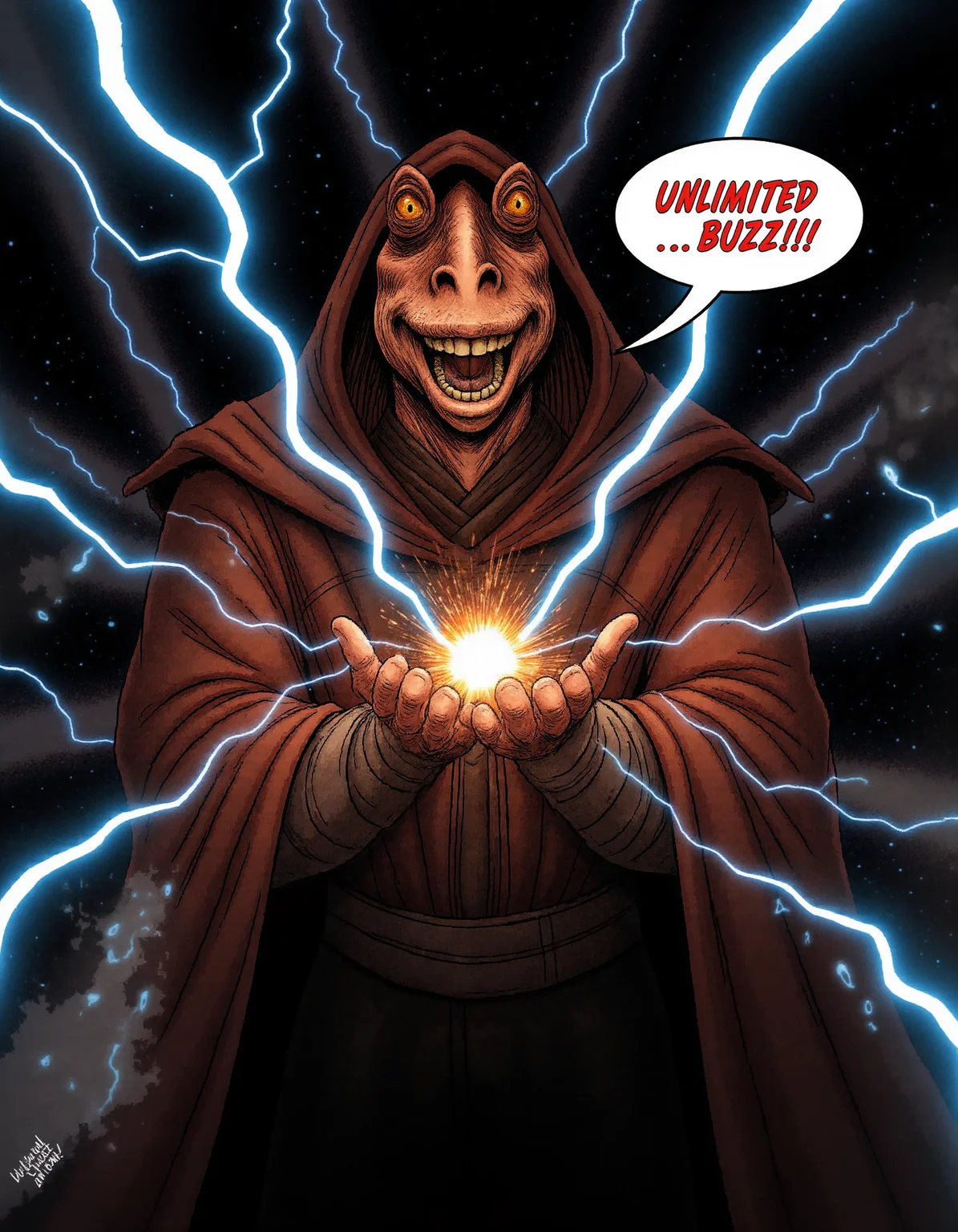 This is an extract from a comic book following the adventures of ((Darth_Jar)), a powerful gungan Sith lord in the Star Wars Universe. Darth_Jar is showing off his immense power by summoning thunderbolts from his hands, so many that they cover most of the background.The point of view is below him. The darkness around him partially obscures him; the only light source is the thunderstorm ((produced from his fingertips)), his hands towards the sky. He is laughing like a maniac, his mouth fully open in a sadistic grin with (his eyes wide open). There is one (big comic balloon on his right) saying ((UNLIMITED... BUZZ!!!")) in bold, big letters, like Darth_Jar is screaming. <lora:Darth_Jar_Flux:1>, <lora:TextimproverV0.4:0.5>,