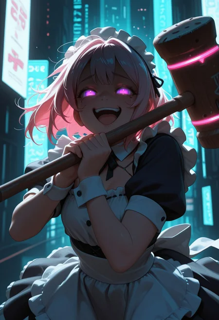 lazypos, digital painting, CivChan, purple eyes, glowing eyes, pink hair, anime, 1girl, maid outfit, two-handed mallet, laughing, dynamic pose, cyberpunk city, neon colors, cinematic lighting