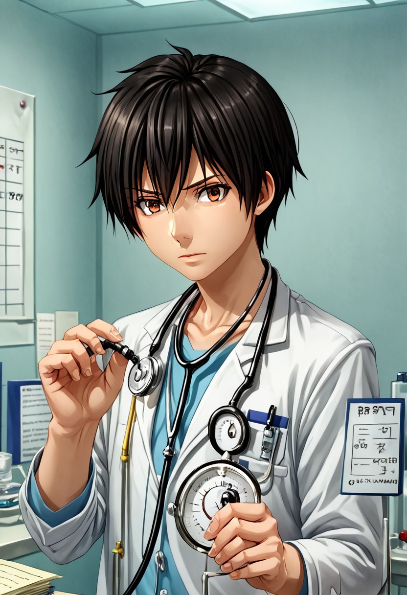 high resolution, solo, best quality, 1Boy, Seiya Kanie, Black Hair, Short Hair, Thin, Brown Eyes, Doctor, stethoscope, diagnosis, health,