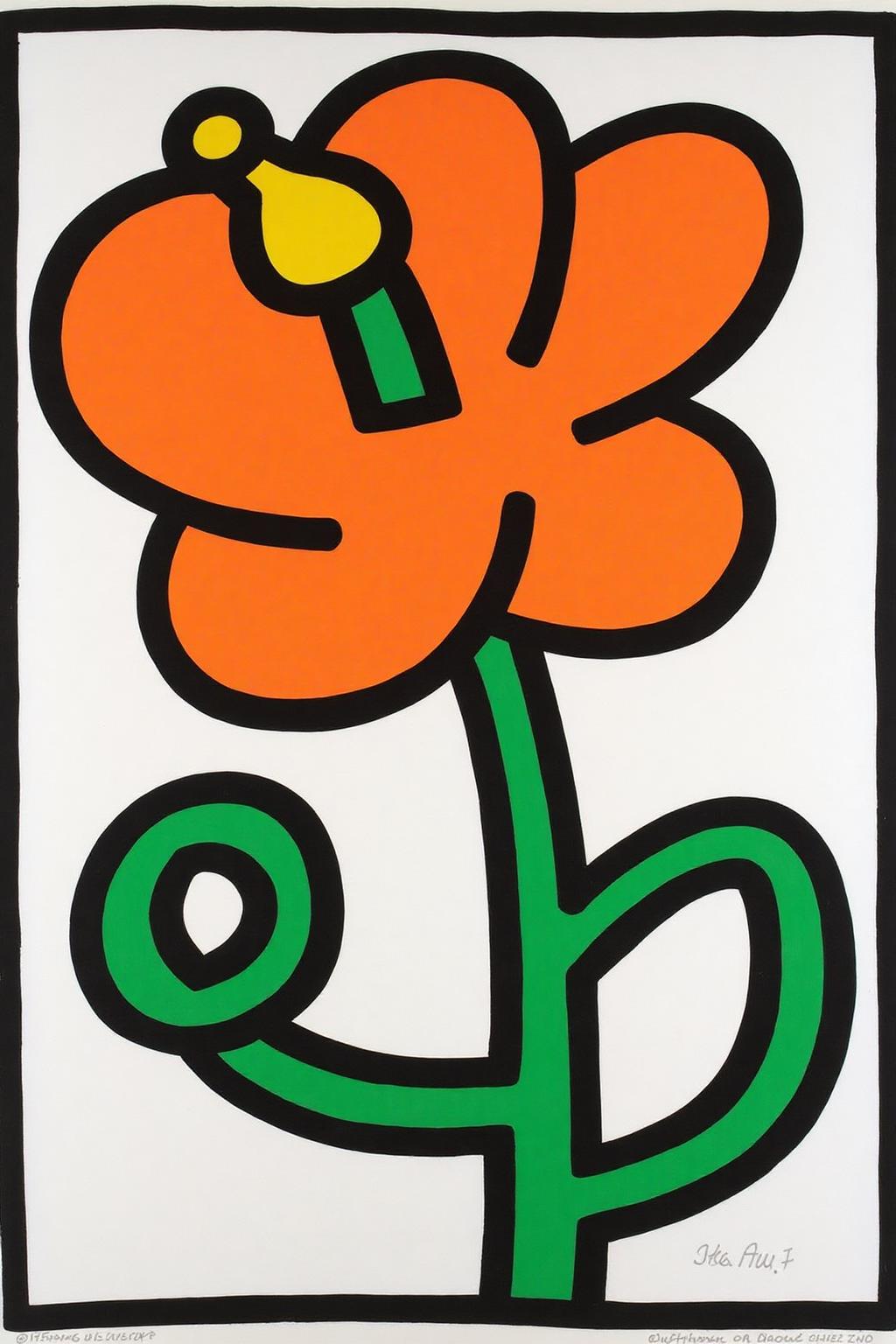 keithharing1 pop art illustration of
an abstract illustration of a flower with an orange petal, green stem, and yellow stamen, outlined in black.
 <lora:keithharing1_cap_d6a3:1.0><lora:834314465731372521:0>