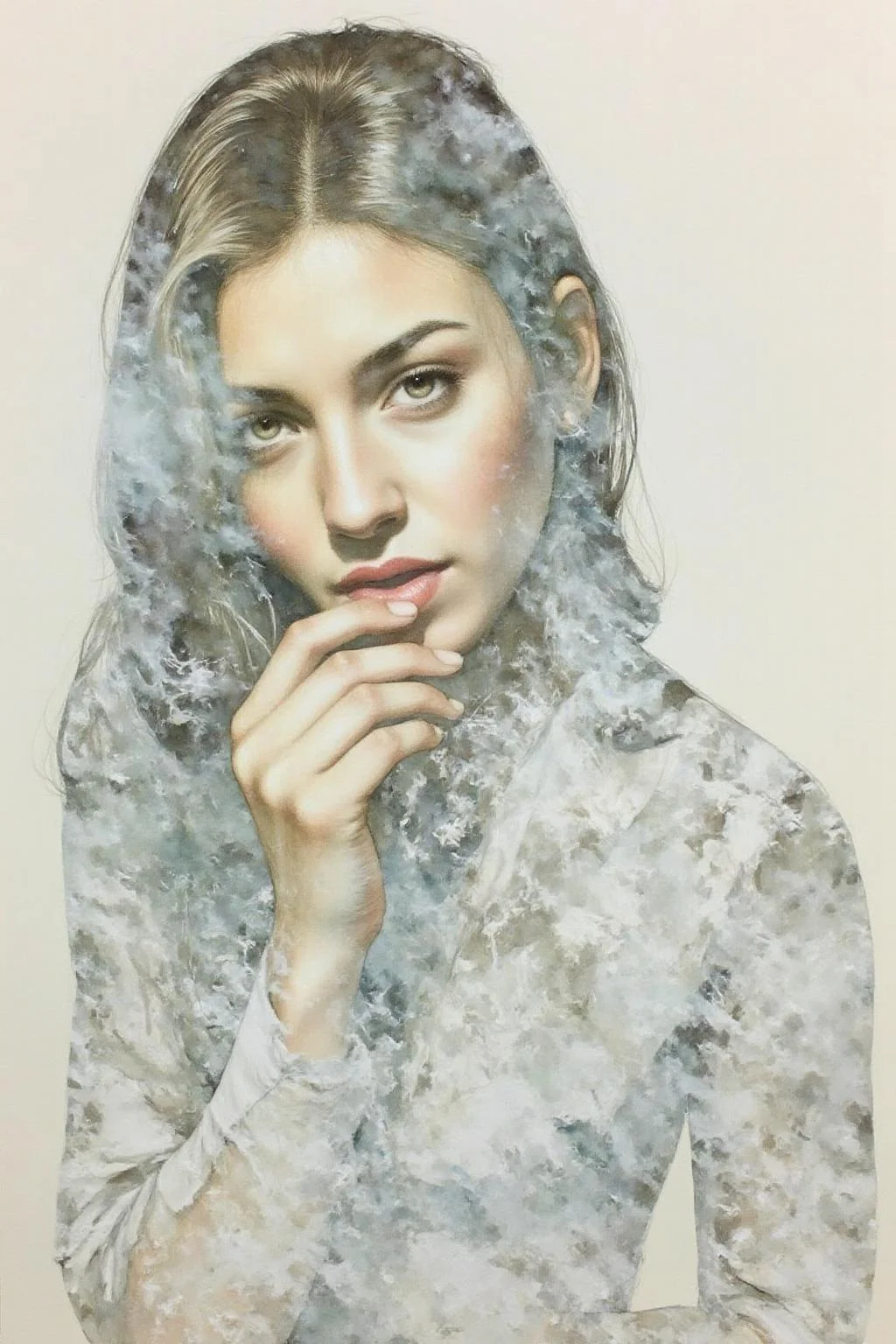 Portrait painting.
A woman looking directly at the viewer, with her hand gently touching her mouth. Her hair and clothing blend seamlessly with swirling, smoke-like patterns. <lora:doubleexpopainting1_cap_d6a3e13:1.0><lora:850322528235709926:0>