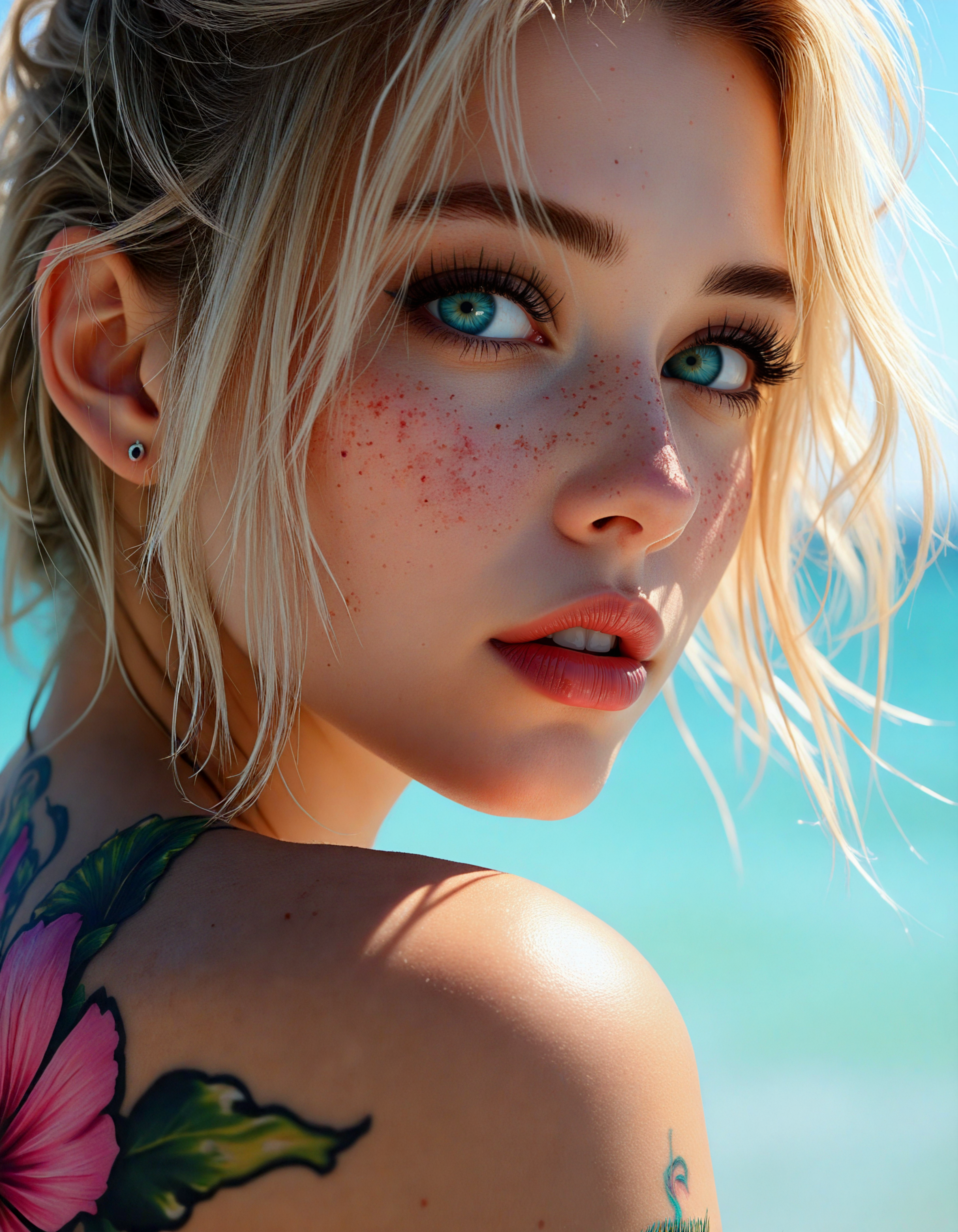 semi-realistic, Hyperrealism, extreme close-up Portrait of a beautiful, stunning unique female character. She has large turquoise eyes filled with joy and excitement, extravagant eyelashes, making this image a masterpiece of photography and digital art. Style: realistic hyper-detailed rendering, 32k UHD, expressive eyes, punk, graphic design, pink hibiscus tattoo on her shoulder, girl's face, side view, pretty and cute, gleaming lips, white skin, telling a tale of adventure. Exuding confidence and serenity. Vibrant tattoos adorn her sun-kissed skin