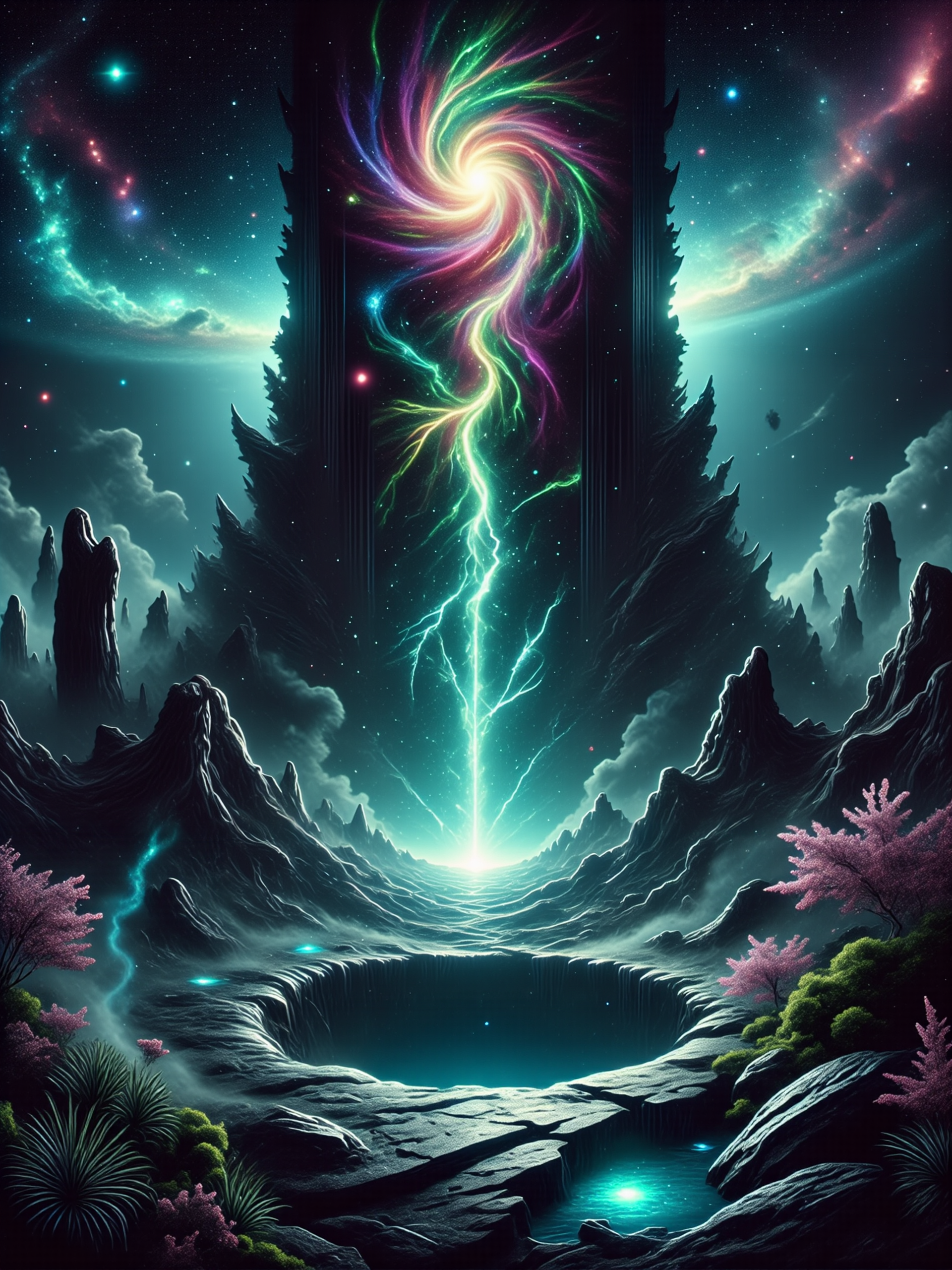 highly detailed and surreal sci-fi horror painting of a symmetrical gothic sci-fi dimension portal, movie poster style, blending supernatural elements with an atmosphere of haunting mystery, an eldritch landscape on a distant world, under a vast, dark sky lit with a galactic nebula and fractal, swirling clouds, the terrain is covered in strange alien plants and littered with bizarre rocks, pools of phosphorescent glowing liquid cast an eerie glow, the central focus is a towering, ominous dimensional portal in a gothic sci-fi architectural style suspended above a crater, its edges crackling with unnatural energy, glowing with swirling hues of deep purples, greens, and blues, ghostly shapes within the portalâs glowing core hint at terrifying, otherworldly creatures, in the foreground, twisted alien vegetation with serrated leaves and surreal, fractal shapes frame the portal, adding an unsettling atmosphere to the landscape, wafts of glowing mist drift across the terrain, the portal dominates the scene, towering over everything and casting a menacing glow that warps the ground below, radiating power and darkness, it draws the viewerâs eye to its shifting, mesmerizing light, while in the background, shadowed outlines of colossal, crumbling statues of forgotten alien deities stand as silent witnesses to the desolation, their faces worn smooth by time, the portals core seems to be alive, its swirling energy shifting and flickering, exuding a sense of deep, ancient malevolence, shadows from the alien foliage twist in the portalâs glow, creating an ever-shifting pattern across the rocky ground, adding to the ominous tension, the image is shot from a low angle, looking upward toward the portal, giving it an overpowering, towering presence, while capturing the alien plants in the foreground and the crumbling statues in the background, the angle adds depth and scale, emphasizing the vast, desolate landscape, soft, light from the portal glows with unnatural hues, casting a ghostly radiance across the landscape, while tendrils of glowing mist move and twist through the scene, creating an ethereal, dreamlike quality, scattered phosphorescent pools add hints of turquoise light, contrasting with the portalâs dark architecture, enhancing the mysterious atmosphere, painted in oil on canvas, intricate details, james web space telescope, cosmos, nebula in the sky, f@nt@sy cfh, <lora:style-futuristic_dark_fantasy-v2-flux-by_2018cfh:0.8> <lora:james_webb_space_telescope-flux-by_motimalu:0.44> <lora:image_enhancer-flux-by_dever:0.8>