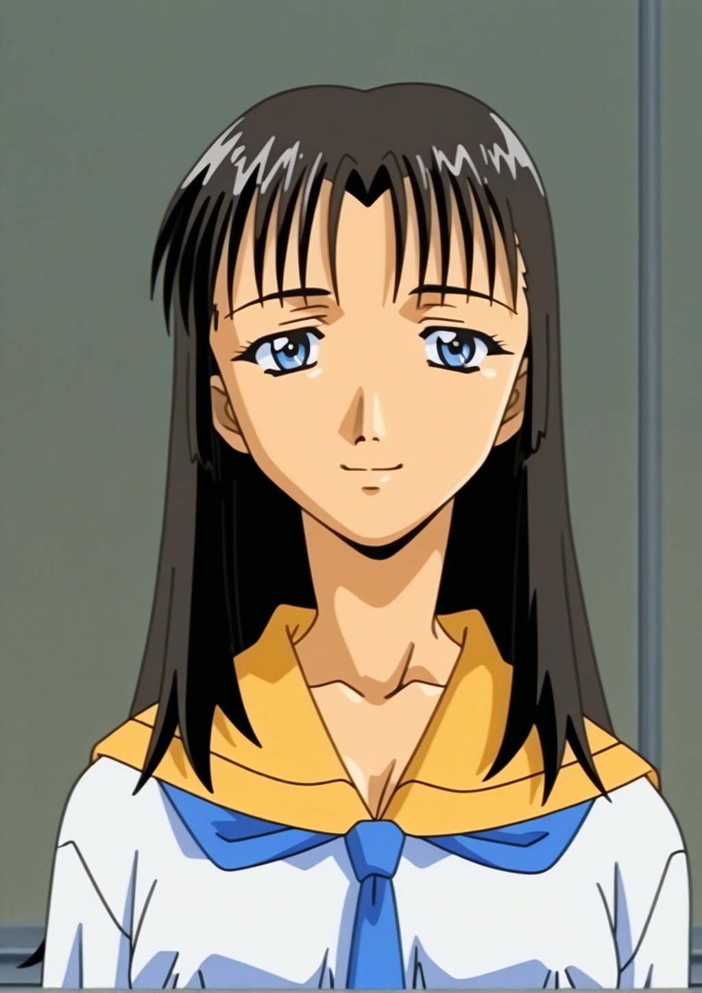 1990s (style),smile,<lora:Rumi_Kitazawa_Illustrious_from_Immoral_Sisters:1>,rumi,anime coloring,anime screencap,school uniform,bust,