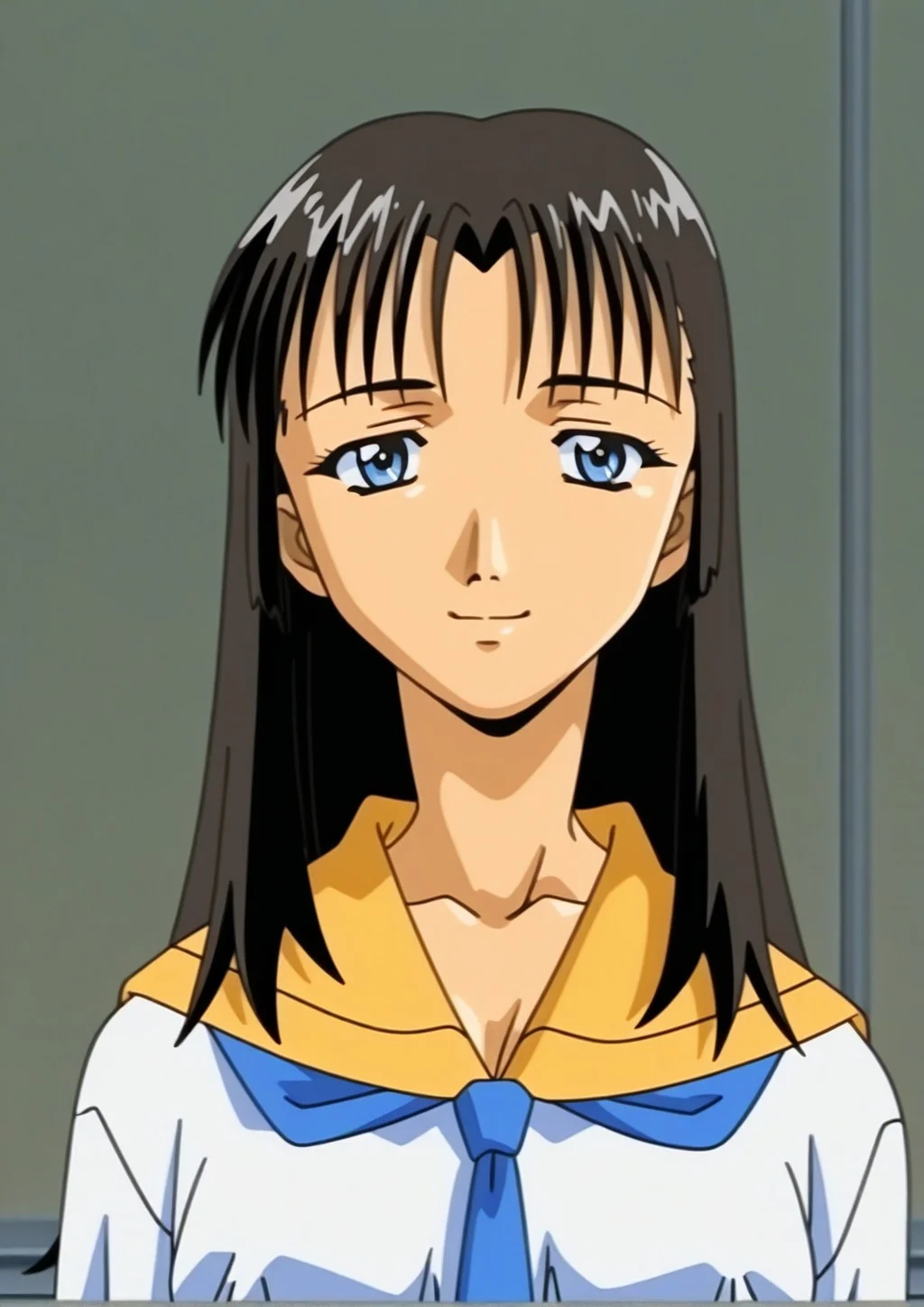 1990s (style),smile,<lora:Rumi_Kitazawa_Illustrious_from_Immoral_Sisters:1>,rumi,anime coloring,anime screencap,school uniform,bust,